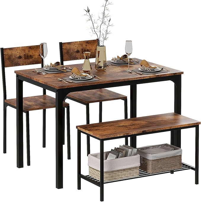 DlandHome Dining Table with 2 Chairs and 1 Bench Dining Room Sets Dining Table and Chairs Set,Rectangular Space-Saving Dinner Table with Two Benches for Kitchen,Retro - LeafyLoom