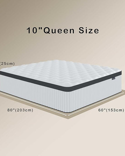 Queen Mattress, 10 Inch Innerspring Hybrid Mattress in a Box with Gel Memory Foam, Individually Wrapped Encased Coil Pocket Spring Mattress, Pressure Relief, Medium Firm Support,60"*80"*10" - LeafyLoom
