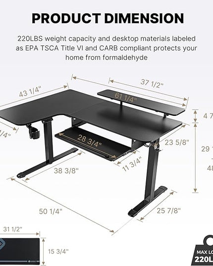 EUREKA ERGONOMIC Standing Desk (61"x43")- L Shaped Desk with Keyboard Tray Adjustable Height Sit Stand Computer Desk Corner Gaming Ergo Desk w Memory Presets, Monitor Stand, LED/USB/Dual Motor, Left - LeafyLoom