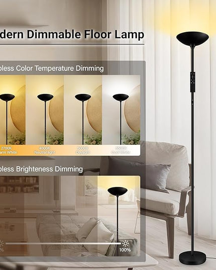 BoostArea Dimmable Floor Lamp,30W 3000LM Super Bright LED Torchiere Standing Lamp with Remote & Touch Control,71 in Tall Pole Sky Modern Floor Lamps for Living Room Bedroom Office,2700k-6500k,Black - LeafyLoom
