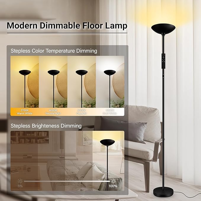 BoostArea Dimmable Floor Lamp,30W 3000LM Super Bright LED Torchiere Standing Lamp with Remote & Touch Control,71 in Tall Pole Sky Modern Floor Lamps for Living Room Bedroom Office,2700k-6500k,Black - LeafyLoom