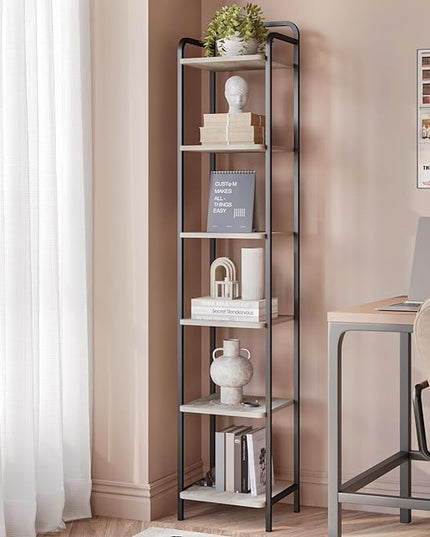 Bookcase Bookshelf, Narrow Book Shelf, Industrial Coner Shelf Storage Organizer, Slim Shelving Unit for Home Office, Living Room, Bedroom, Kitchen, 6-Tier Greige BC24605B - LeafyLoom