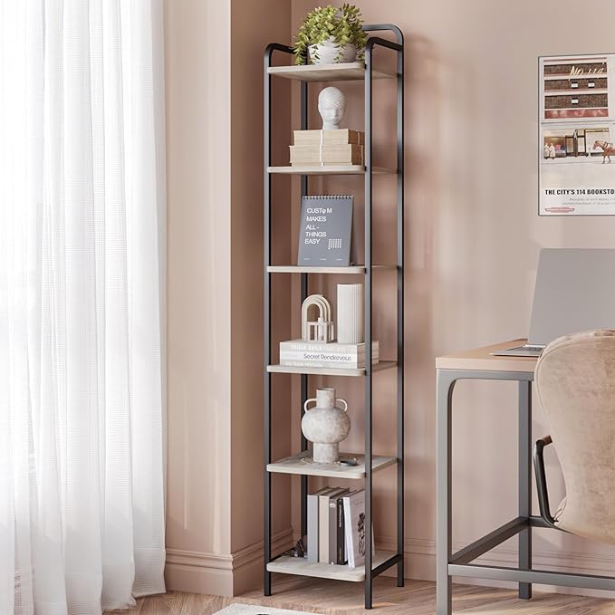 Bookcase Bookshelf, Narrow Book Shelf, Industrial Coner Shelf Storage Organizer, Slim Shelving Unit for Home Office, Living Room, Bedroom, Kitchen, 6-Tier Greige BC24605B - LeafyLoom