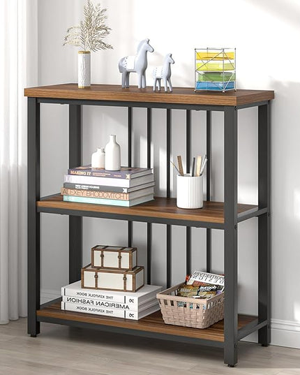 FOLUBAN Bookshelf, Small Modern 3 Tier Bookcase, Wood and Metal Standing Storage Book Shelves for Living Room, Office, Bedroom (Rustic Walnut) - LeafyLoom