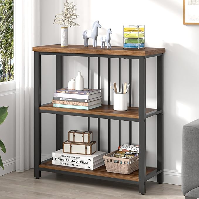 FOLUBAN Bookshelf, Small Modern 3 Tier Bookcase, Wood and Metal Standing Storage Book Shelves for Living Room, Office, Bedroom (Rustic Walnut) - LeafyLoom