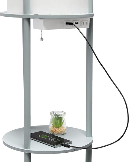 Simple Designs LF2010-GRY 62.5" Round Modern Shelf Etagere Organizer Storage Floor Lamp with 2 USB Charging Ports, 1 Charging Outlet and Linen Shade for Living Room Bedroom, Gray, 11.5 x 11.5 x 62.5 - LeafyLoom