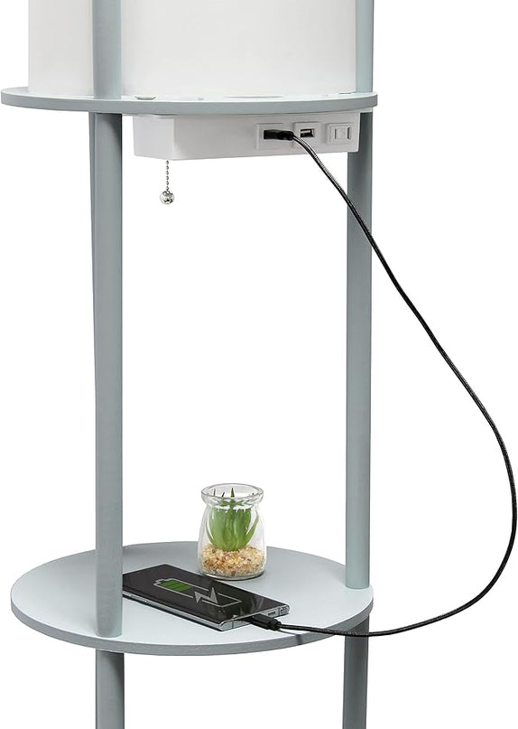 Simple Designs LF2010-GRY 62.5" Round Modern Shelf Etagere Organizer Storage Floor Lamp with 2 USB Charging Ports, 1 Charging Outlet and Linen Shade for Living Room Bedroom, Gray, 11.5 x 11.5 x 62.5 - LeafyLoom
