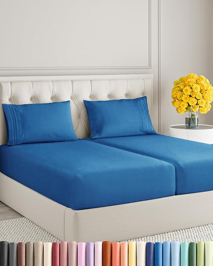 Split King Size 5 Piece Sheet Set - Comfy Breathable & Cooling Sheets - Hotel Luxury Bed Sheets for Women & Men - Deep Pockets, Easy-Fit, Soft & Wrinkle Free Sheets - Royal Blue Oeko-Tex Bed Sheet Set - LeafyLoom