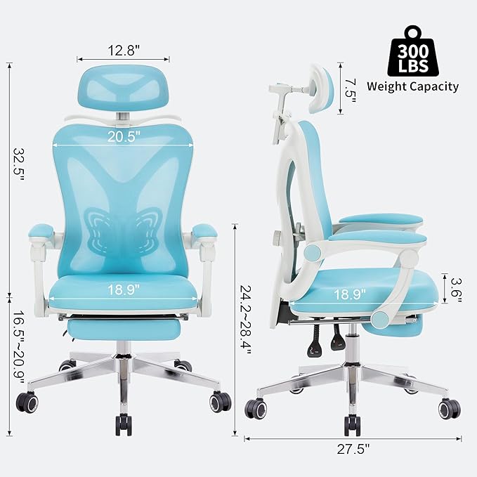 Ergonomic Office Chair with Footrest | Adjustable Lumbar Support, Reclining Desk Chair with Leg Rest, Comfortable Mesh Computer Chair for Home & Office (Blue) - LeafyLoom