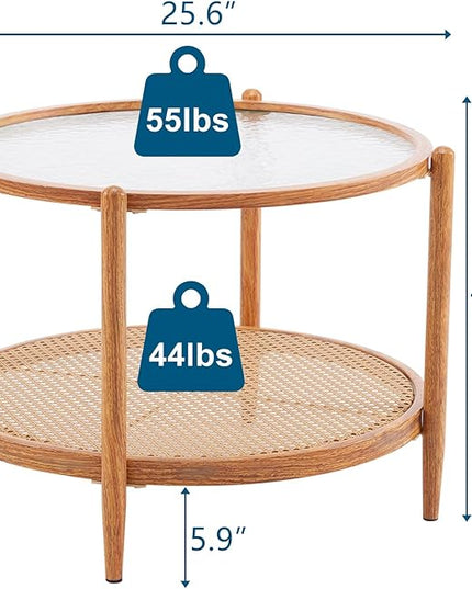 VINGLI 25.6" Rattan Coffee Table, Round Water-wave Glass Metal Center Table, Modern Coffee Table with 2-Tier Storage, Farmhouse Circular Coffee table for Living Room and Small Space, Natural Vibe - LeafyLoom