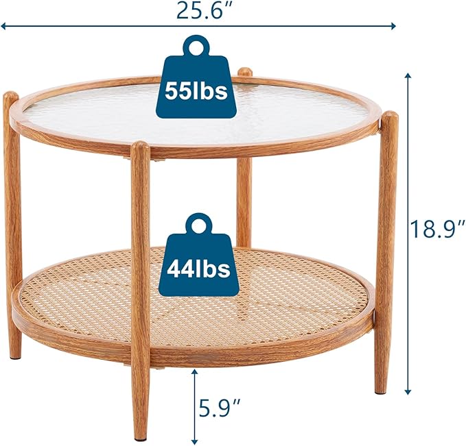 VINGLI 25.6" Rattan Coffee Table, Round Water-wave Glass Metal Center Table, Modern Coffee Table with 2-Tier Storage, Farmhouse Circular Coffee table for Living Room and Small Space, Natural Vibe - LeafyLoom
