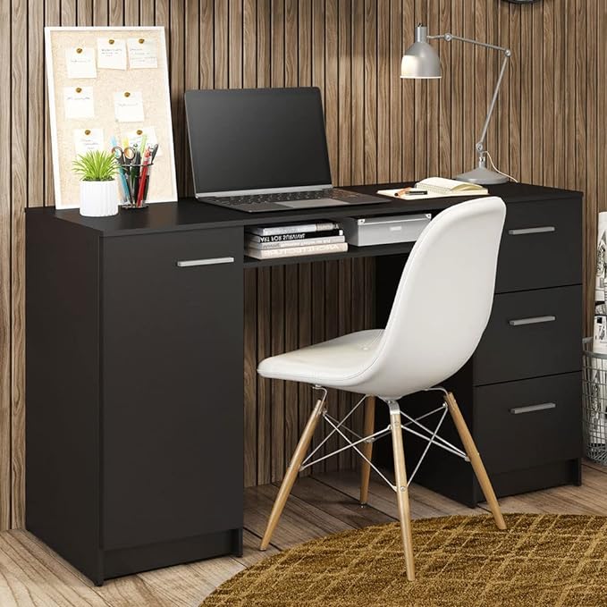 Madesa Computer Desk with 3 Drawers, 1 Door and 1 Storage Shelf, Wood Writing Home Office Workstation, Office Desk with Drawers - 30” H x 18” D x 53” W - Black - LeafyLoom