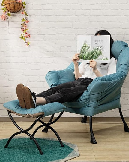 AbocoFur Fabric Lazy Chair with Foldable Ottoman, Accent Comfy Lounge Arm Chair and Folding Footrest Stool Set, Leisure Sofa Reading Chair and Footstool for Living Room, Bedroom, Dorm, Blue - LeafyLoom