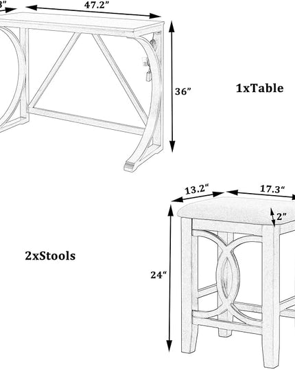 Voohek 3 Piece Counter Height Dining Set, Sofa Table with 2 Stools and USB Port for Bar, Console, Kitchen, Living Room, Apartment, Office, Small Places, Gray - LeafyLoom