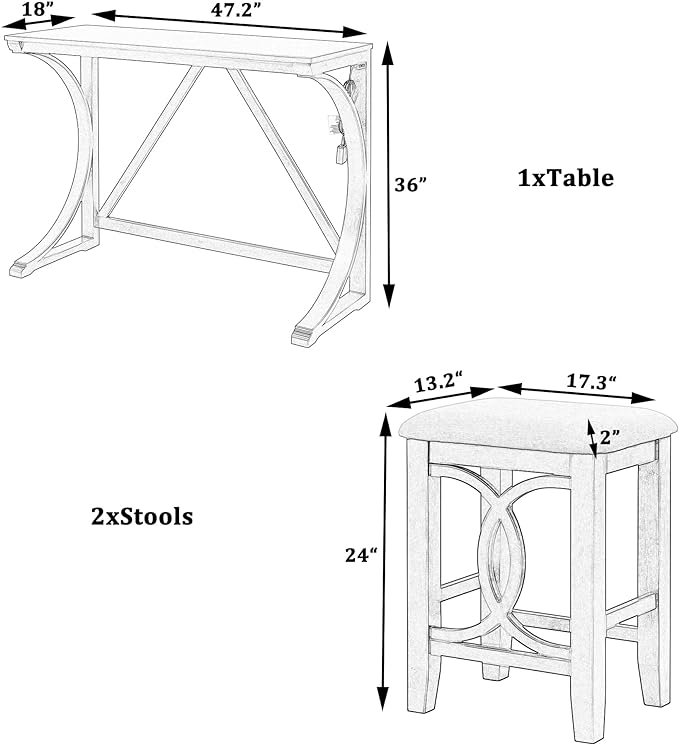 Voohek 3 Piece Counter Height Dining Set, Sofa Table with 2 Stools and USB Port for Bar, Console, Kitchen, Living Room, Apartment, Office, Small Places, Cream - LeafyLoom