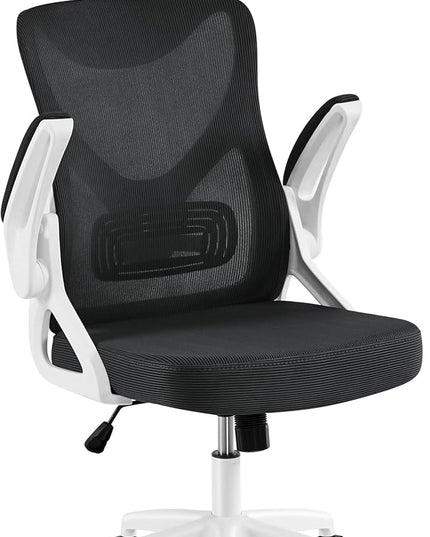 Yaheetech Ergonomic Mesh Office Chair, High Back Desk Chair with with flip-up Armrests, Adjustable Padded Headrest Computer Chair with Lumbar Support for Home Oiffce Game Room, White/Black - LeafyLoom