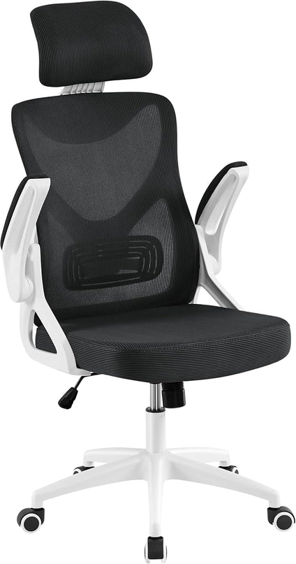 Yaheetech Ergonomic Mesh Office Chair, High Back Desk Chair with with flip-up Armrests, Adjustable Padded Headrest Computer Chair with Lumbar Support for Home Oiffce Game Room, White/Black - LeafyLoom