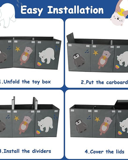 Large Toy Box Storage Chest,Sturdy Toys Storage Organizer Bin Basket with Dividers and Lids for Toddlers,Boys,Girls,Nursery,Closet,Living Room Area,Playroom(Grey Animals) - LeafyLoom
