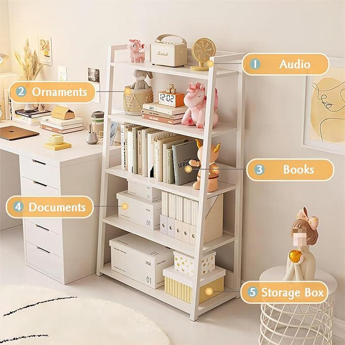 IOTXY 3-Tier Ladder Shelf Bookcase - Wood and Metal Modern Standing Bookshelf, Open Book Shelves Storage Rack, for Home Office, Living Room, Kitchen, Bedroom, Black - LeafyLoom