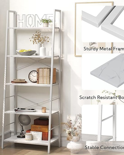 Yusong Ladder Shelf,Industrial 5-Tier Bookshelf,Free Standing Bookcase,Utility Organizer Shelves for Plant Flower,Wood Look Accent Furniture with Metal Frame for Home Office, (White) - LeafyLoom