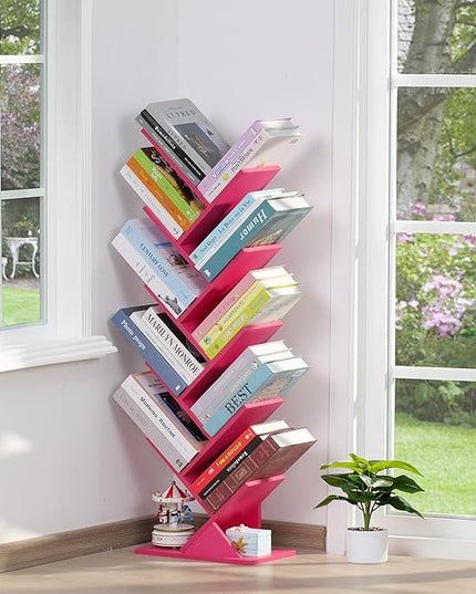 10 Tier Tree Book Shelf, Floor Standing Wood Bookshelf for Narrow Space, Storage Organizer Bookshelves for Books/CDs/Magazine, Bookcase with Shelves for Home Office, Living Room - Pink - LeafyLoom