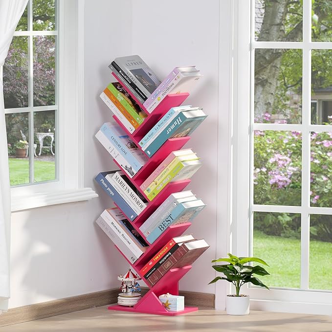 10 Tier Tree Book Shelf, Floor Standing Wood Bookshelf for Narrow Space, Storage Organizer Bookshelves for Books/CDs/Magazine, Bookcase with Shelves for Home Office, Living Room - Pink - LeafyLoom