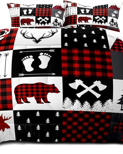 LUVIVIHOME 2PCS Rustic Cabin Comforter Set Twin Size, Christmas Bedding, Deer Bear White Red Black Plaid Patchwork Lodge Log Country Farmhouse Bedroom Decor, Soft Microfiber Quilt, 1 Pillow Sham - LeafyLoom