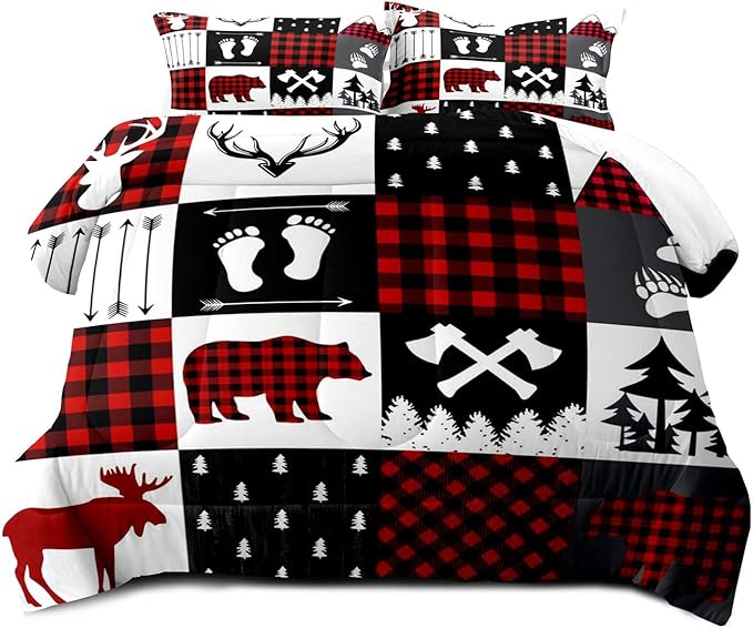 LUVIVIHOME 2PCS Rustic Cabin Comforter Set Twin Size, Christmas Bedding, Deer Bear White Red Black Plaid Patchwork Lodge Log Country Farmhouse Bedroom Decor, Soft Microfiber Quilt, 1 Pillow Sham - LeafyLoom