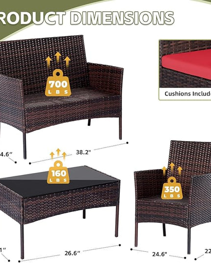 Patio Furniture Set 4 Pieces Conversation Sets Outdoor Wicker Rattan Chairs Garden Backyard Balcony Porch Poolside Loveseat with Soft Cushion and Tempered Glass Table(Brown/Red) - LeafyLoom