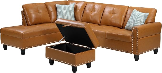 Faux Leather Sectional Sofa with Movable Storage Ottoman,L-Shape Upholstered Modular Couch 5 Seater W/ 2 Toss Pillows and 2 Cup Holders for Living Room,Office,Ginger,98" - LeafyLoom