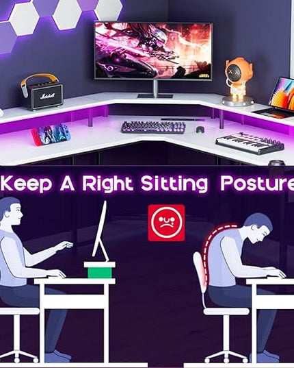 ODK L Shaped Gaming Desk with LED Lights & Power Outlets, 51" Computer Desk with Full Monitor Stand, Corner Desk with Cup Holder, Gaming Table with Hooks, White - LeafyLoom