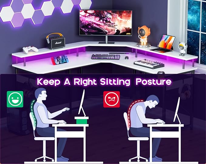 ODK L Shaped Gaming Desk with LED Lights & Power Outlets, 51" Computer Desk with Full Monitor Stand, Corner Desk with Cup Holder, Gaming Table with Hooks, White - LeafyLoom