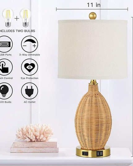 Touch Control Rattan Table Lamps, 3 Way Dimmable Bedside Lamps for Bedroom Set of 2 with 2 USB Ports and AC Outlet, Gold Wicker Nightstand Lamps for Living Room Office (LED Bulbs Included) - LeafyLoom