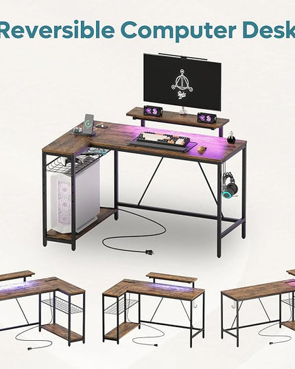 Bestier 52 Gaming Desk with Power Outlet & USB Ports,Reversible Small L Shaped Computer Desk with LED Strip & Headset Hooks,Corner Desk for Small Home Office Spaces,Bedroom Rustic - LeafyLoom