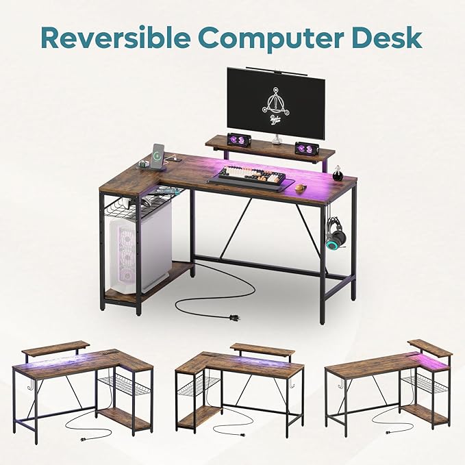 Bestier 52 Gaming Desk with Power Outlet & USB Ports,Reversible Small L Shaped Computer Desk with LED Strip & Headset Hooks,Corner Desk for Small Home Office Spaces,Bedroom Rustic - LeafyLoom
