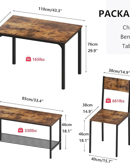 SogesHome 4-Piece Kitchen Table and 2 Chairs for 4 with Bench, Dining Table Set for Small Space, Apartment, Living-Room, Restaurant, Vintage Brown - LeafyLoom