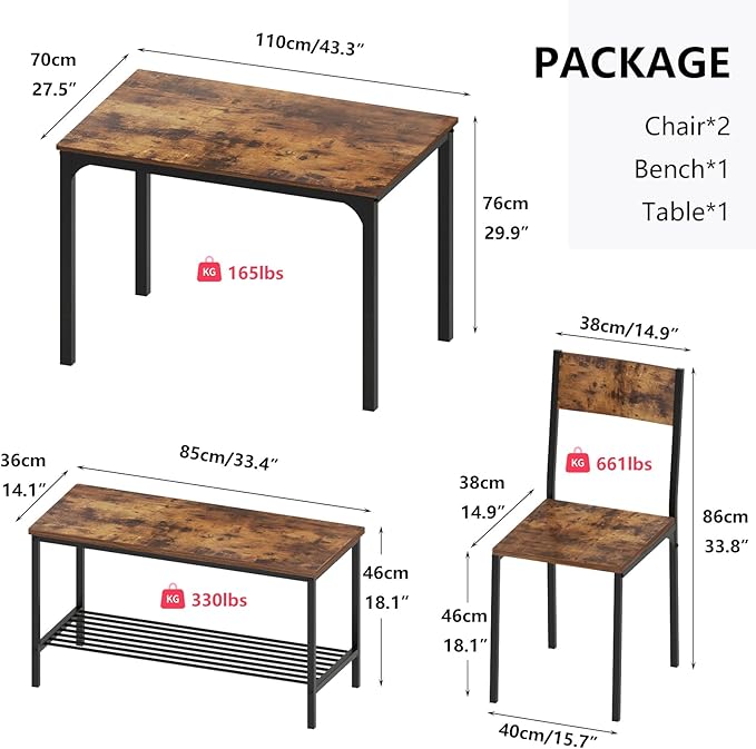 SogesHome 4-Piece Kitchen Table and 2 Chairs for 4 with Bench, Dining Table Set for Small Space, Apartment, Living-Room, Restaurant, Vintage Brown - LeafyLoom