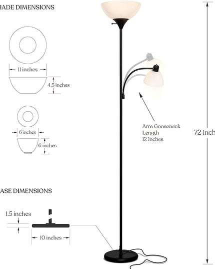 Brightech Sky Dome Plus LED Floor lamp, Torchiere Super Bright Floor Lamp with Reading Lamp for Living Rooms & Offices - Dimmable Tall Standing Lamp for Bedroom Reading - Black - LeafyLoom