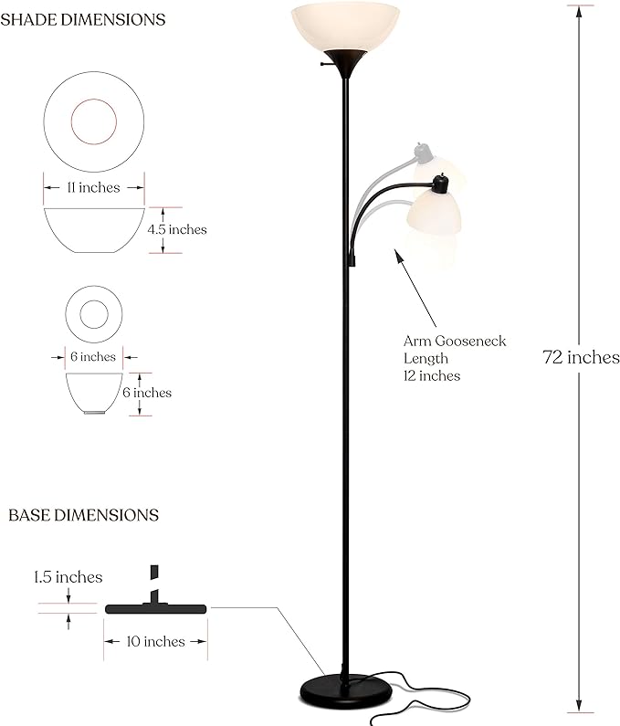 Brightech Sky Dome Plus LED Floor lamp, Torchiere Super Bright Floor Lamp with Reading Lamp for Living Rooms & Offices - Dimmable Tall Standing Lamp for Bedroom Reading - Black - LeafyLoom