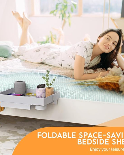 SPACELEAD Bedside Shelf for Bed – College Dorm Room Clip On Nightstand with Cup Holder & Cord Holder&Drawer – Bunk Bed Shelf for Organizer Top for Bedroom (Grey，Plastic) - LeafyLoom