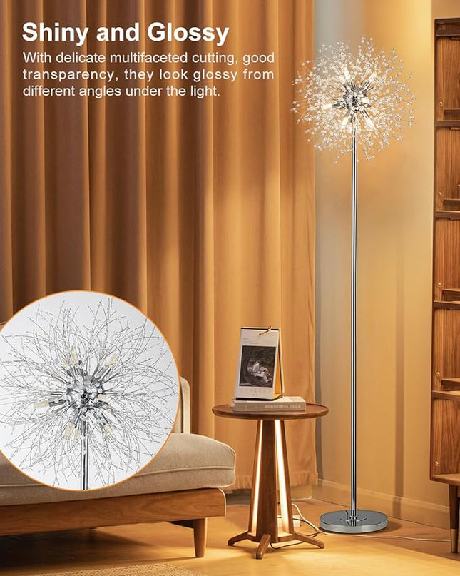 Modern Crystal Floor Lamp (9-Light, 70-Inch, Chrome), Standing Lamp with Footswitch, LED Floor Lamp for Living Room, Girls Room, Bedroom, Dresser, Office (Bulbs NOT Included) - LeafyLoom