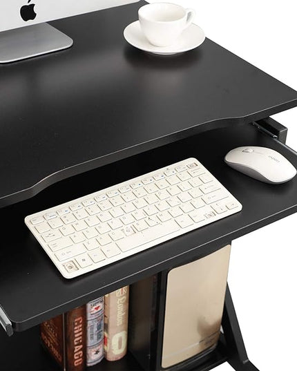 sogesfurniture Small Computer Desk on Wheels, Mobile Computer Desk Small Rolling Work Workstation with Printer Shelf and Keyboard Space Computer Workstation for Home and Office,Black - LeafyLoom