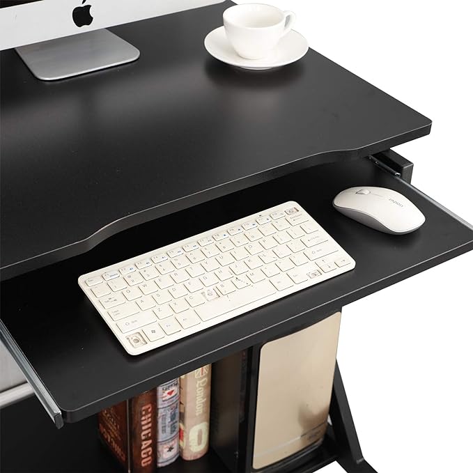 sogesfurniture Small Computer Desk on Wheels, Mobile Computer Desk Small Rolling Work Workstation with Printer Shelf and Keyboard Space Computer Workstation for Home and Office,Black - LeafyLoom