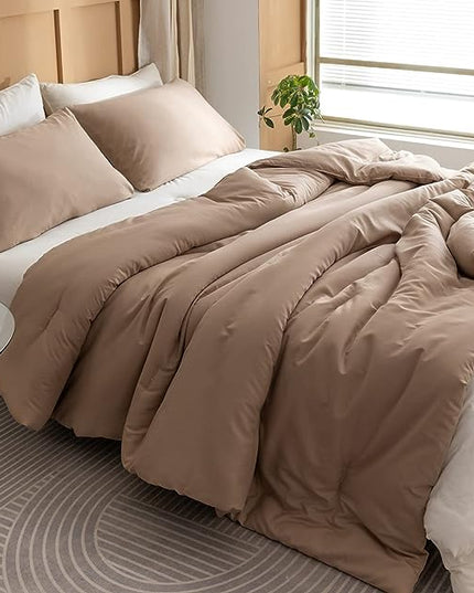 ROSGONIA King Size Comforter Set Taupe Brown, 3pcs(1 Boho Tan Comforter & 2 Pillowcases) All Season Bedding Lightweight Bedspread Blanket Quilts - LeafyLoom
