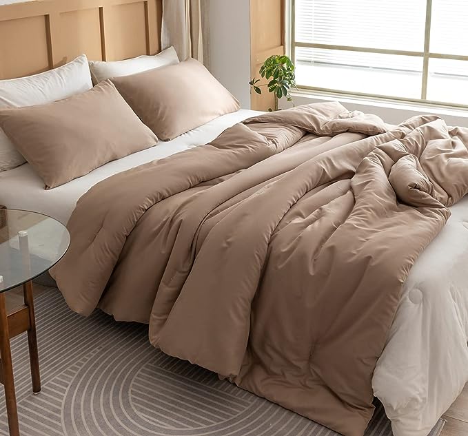 ROSGONIA California King Comforter Set Taupe Brown, 3pcs (1 Boho Tan Cal King Comforter & 2 Pillowcases), Soft Bedding Lightweight Bedspread Blanket - LeafyLoom