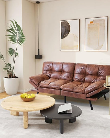 MUUEGM Futon Sofa Bed Couch - Convertible Sofa Bed, Loveseat Sleeper Sofa with Adjustable Backrest, Memory Foam Folding Futon for Living Room, Small Space, Apartment, PU Leather Brown - LeafyLoom