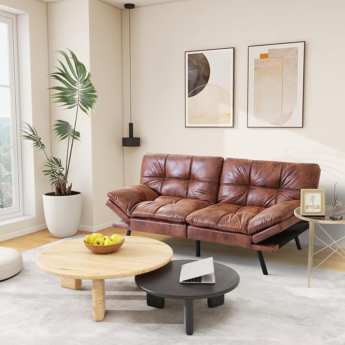 MUUEGM Futon Sofa Bed Couch - Convertible Sofa Bed, Loveseat Sleeper Sofa with Adjustable Backrest, Memory Foam Folding Futon for Living Room, Small Space, Apartment, PU Leather Brown - LeafyLoom