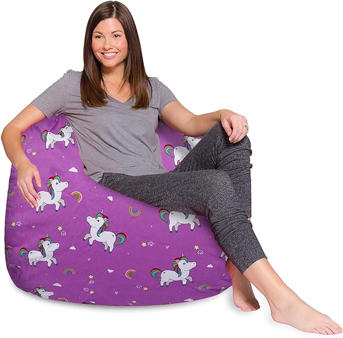 Posh Creations Bean Bag Chair for Kids, Teens, and Adults Includes Removable and Machine Washable Cover, 48in - X-Large, Canvas Unicorn and Rainbows on Purple - LeafyLoom