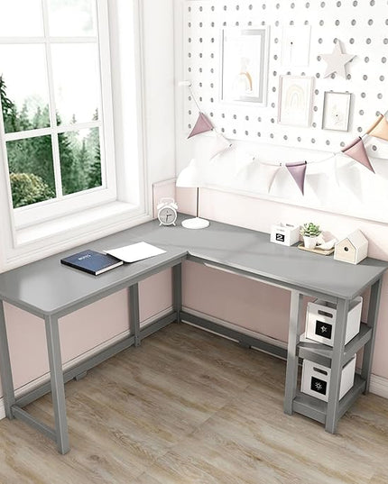 Max & Lily Solid Wood Corner Desk, 55 x 55 Inches, Grey - LeafyLoom