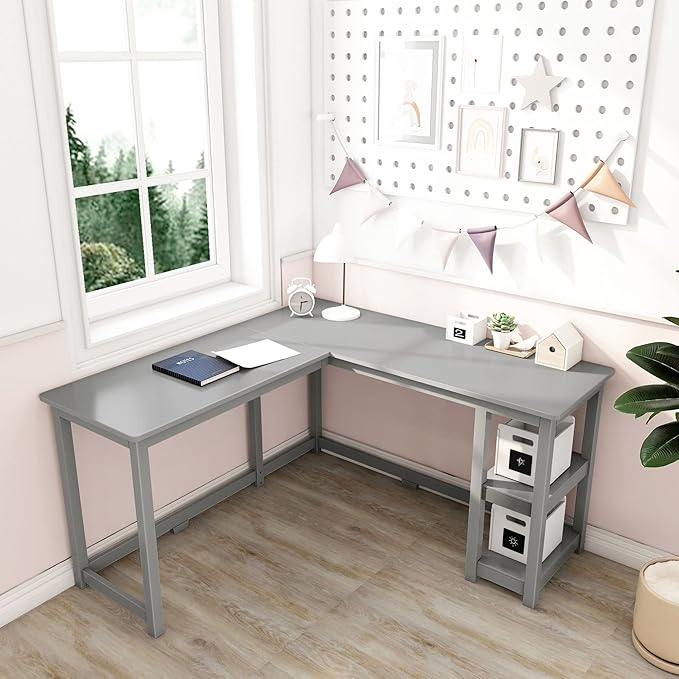 Max & Lily Solid Wood Corner Desk, 55 x 55 Inches, Grey - LeafyLoom